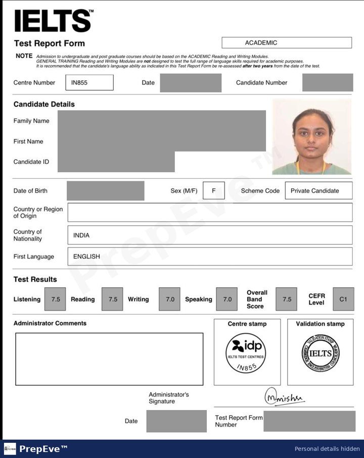 IELTS Academic Test Report Form, overall 7.5 shared by a PrepEve student. Personal details hidden.