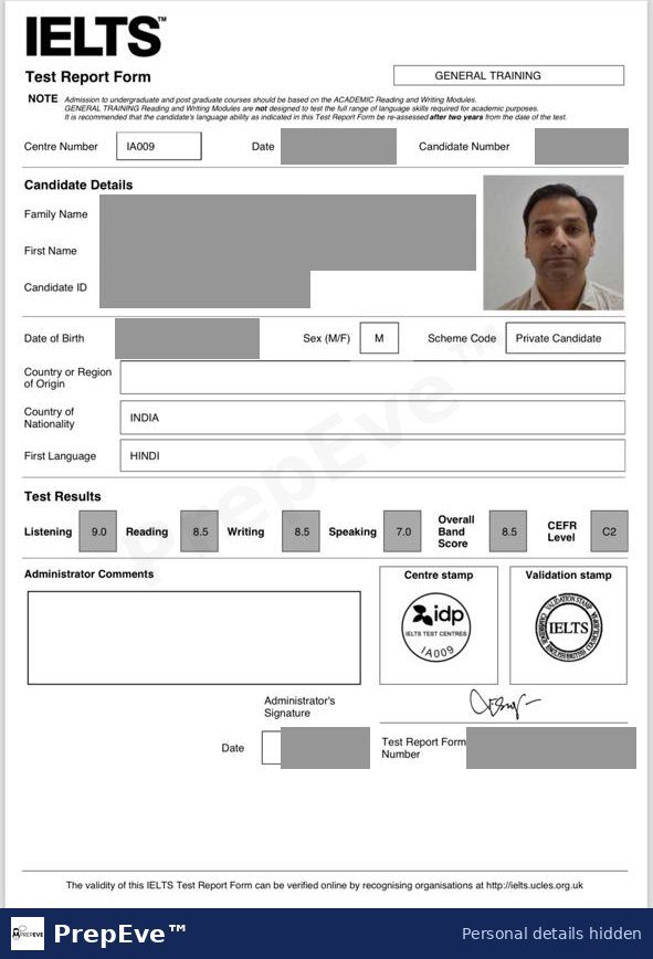 IELTS General Training Test Report Form, overall 8.5 shared by a PrepEve student. Personal details hidden.