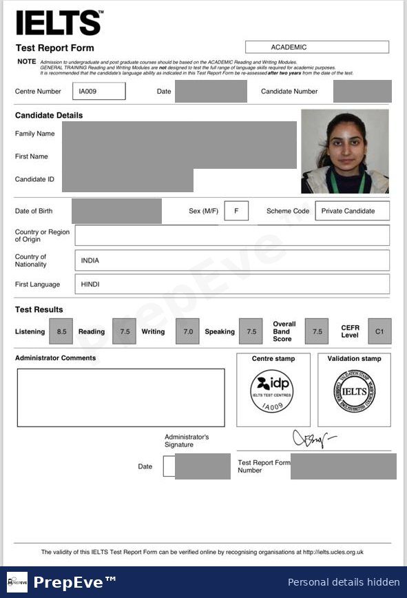IELTS Academic Test Report Form, overall 7.5 shared by a PrepEve student. Personal details hidden.