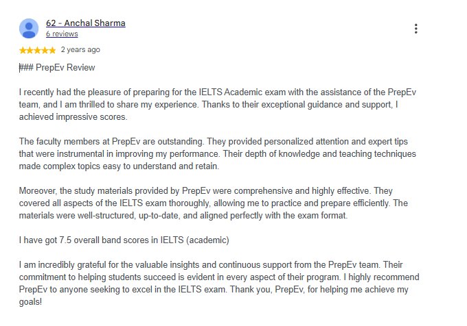 5-star Google review of PrepEve by Anchal Sharma